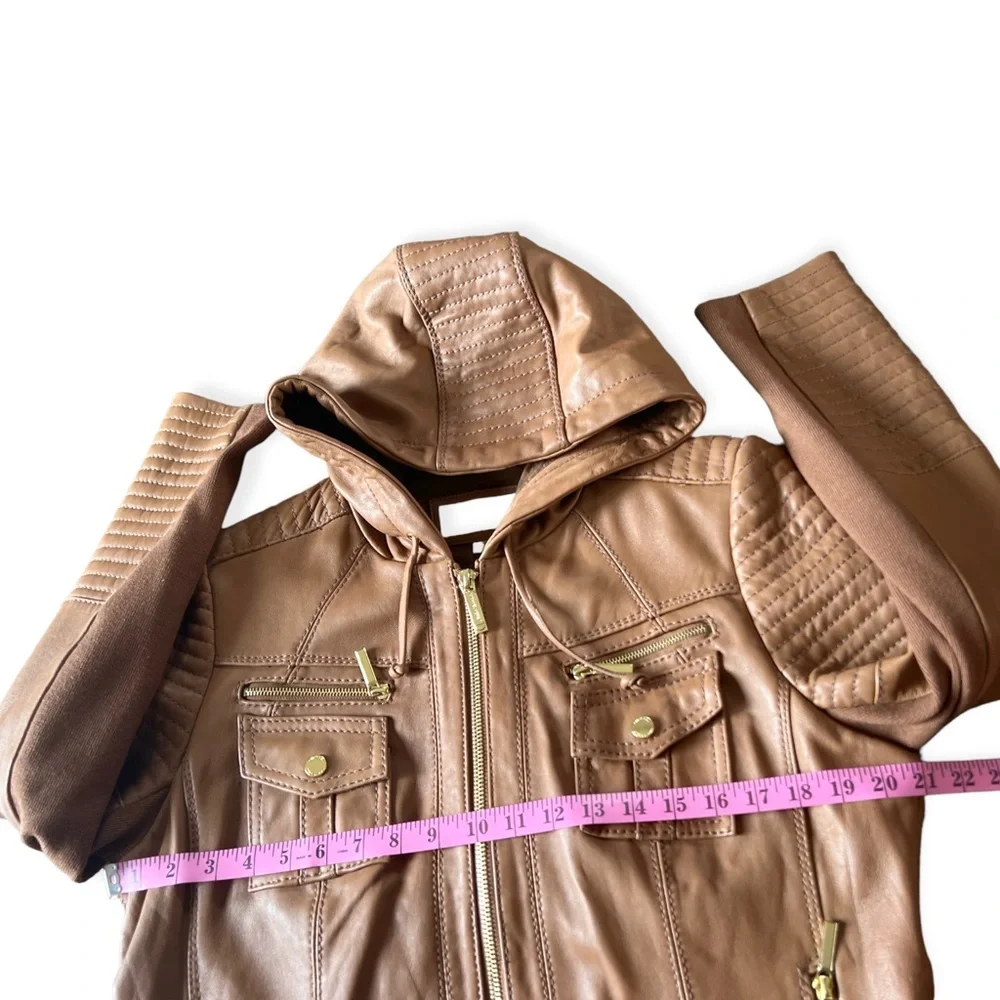 Michael Kors Women’s Brown Leather Hooded Moto Full Zip Jacket, XL - Picture 9 of 10